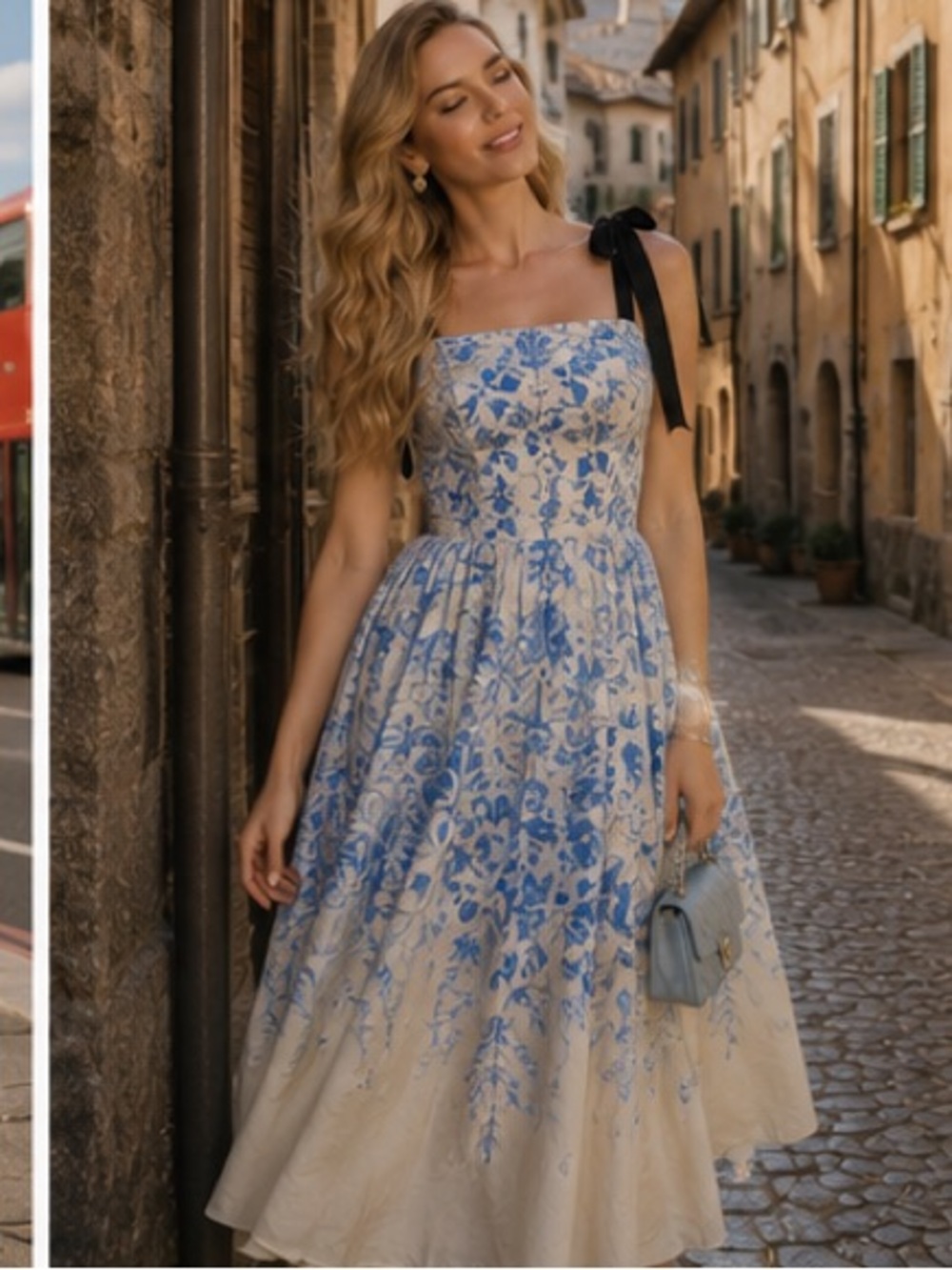 Floral Blue & White Tie-Shoulder Midi Dress - Picture 12 of 13